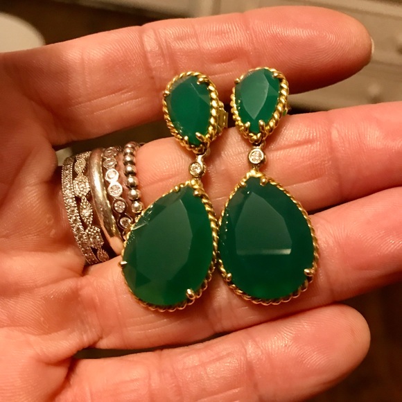 Drop Style Natural Green Onyx Earrings with Diamond Accent in 14kt Gold - Picture 6 of 6